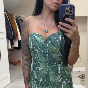 H&M Green Leaf Print Strapless Jumpsuit GUC